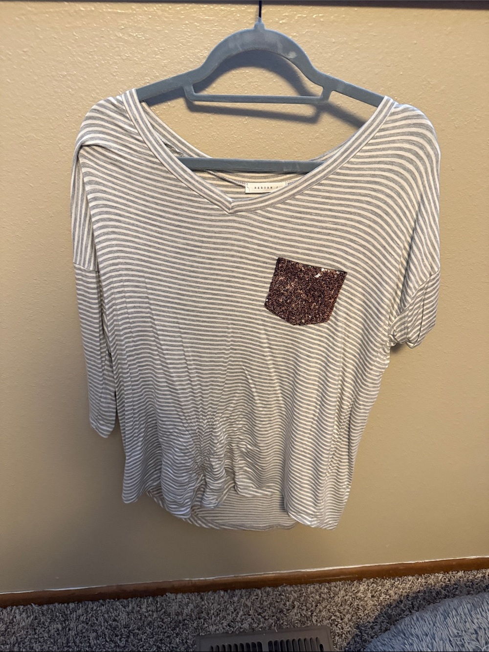 Reborn J Gray and White Striped Tee with Rose-Sequin Pocket